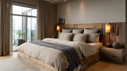 Peaceful retreat bedroom with recycled timber bed and warm taupe color scheme, soft top-down light with atmospheric shadows and