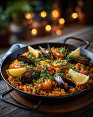 A Delicious Paella with Shrimp and Mussels in a Rustic Kitchen Setting