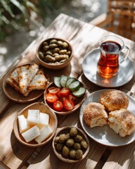 A Mouthwatering Turkish Breakfast Spread on a Wooden Table with Tea and Treats
