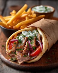 Delicious Gyro Wrapped in Parchment Paper with Fries and Tzatziki Sauce