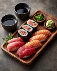Delicious Sushi Assortment with Soy Sauce and Wasabi
