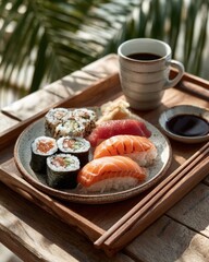 Sushi And Coffee On A Sunny Patio