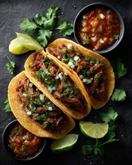 A Bird's-Eye View of Mouthwatering Shredded Beef Tacos with Lime and Salsa
