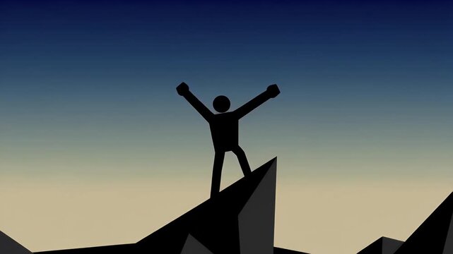 a minimalist 2D cartoon animation showing silhouette figure raising arms triumph atop mountain music plays capturing euphoric motivational moment flat clean design video
