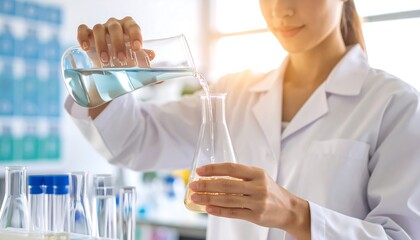 Female researcher pouring a blue solution into a flask, working on a new discovery in a modern science laboratory.