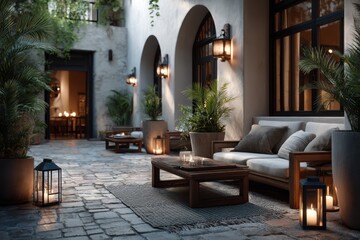 Exterior Decor Design with Warm Ambiance in an Outdoor Courtyard