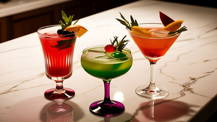 Trio of vibrant tropical cocktails on a marble counter with garnish details, studio lighting