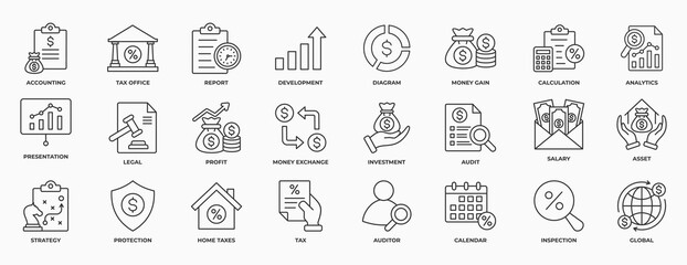 Accounting and Taxes icons Set. Containing accounting, taxes, financial, tax office, development, money, profit and investment. Simple Line Vector Illustration.