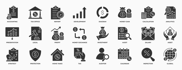 Accounting and Taxes icons Set. Containing accounting, taxes, financial, tax office, development, money, profit and investment. Simple Solid Vector Illustration.