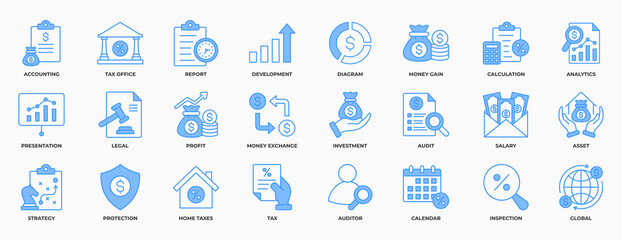 Accounting and Taxes icons Set. Containing accounting, taxes, financial, tax office, development, money, profit and investment. Simple Line Blue Vector Illustration.