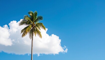 Fototapeta premium A Solitary Palm Tree Stands Tall Against the Vast Blue Sky with Fluffy White Clouds