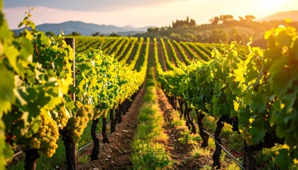 Lush vineyard rows at sunset