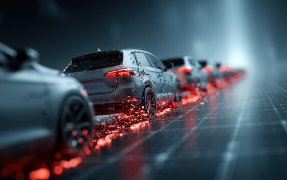 Birds-eye view of silver electric cars in motion, showcasing futuristic design and digital trails, creating a dynamic and modern aesthetic