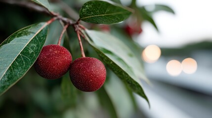 Two ripe red berries with textured skin hang from a leafy branch blurred lights in background