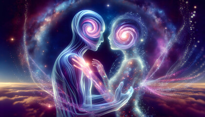 Cosmic Connection: Ethereal Figures in a Vibrant Universe