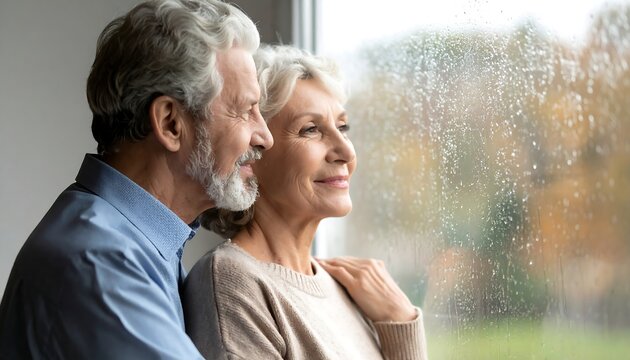 Thoughtful senior couple embracing and looking out the window on a rainy day, enjoying a peaceful moment at home