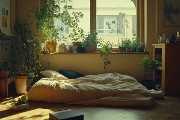 A sun-drenched bedroom filled with greenery.