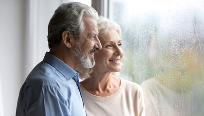 Joyful senior couple smiles warmly while looking out a window, embracing a future filled with happiness and peaceful contemplation together.