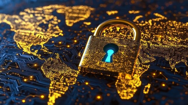 Secure golden lock over digital world map