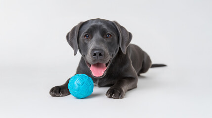 A happy black Labrador puppy lying down with a blue toy ball