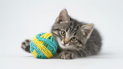 A cute tabby kitten lying down with a colorful ball of yarn