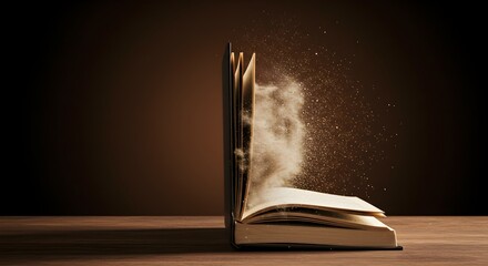 Magical Old Book Glowing with Golden Particles on a Wooden Table