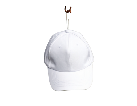  White Cap Hanging from Hook on Vertical Rock Wall, Minimalist Mockup