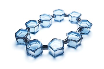Molecular structure made of glass hexagons connected in a ring formation on white background