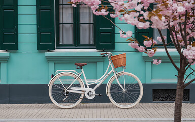 White bicycle with basket and pink blossoms for spring travel and leisure