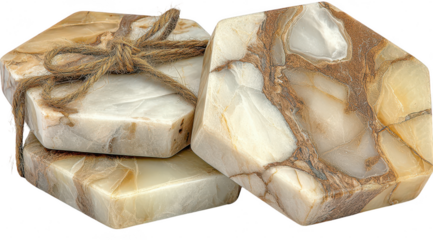 Stacked, octagonal, stone coasters tied with twine