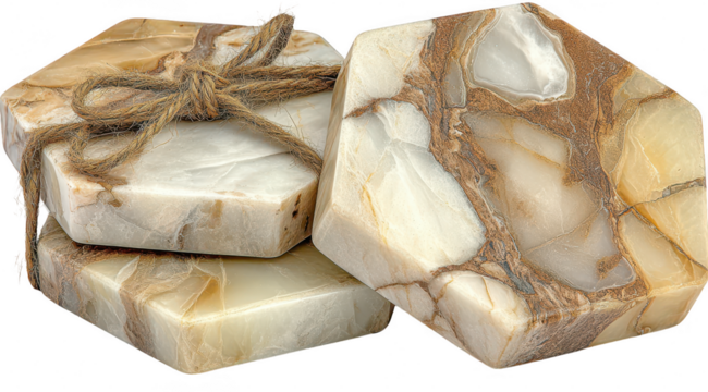 Stacked, octagonal, stone coasters tied with twine