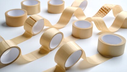Beige packing tape rolls arranged on a white surface
