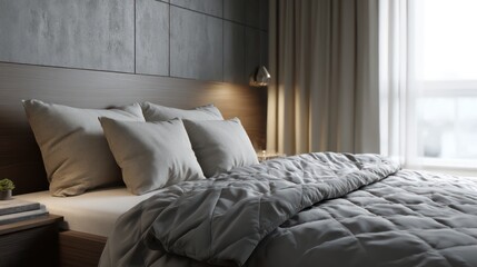 Soft clay and platinum gray master bedroom, ambient lighting with precise shadow layering under quilted bedding, warm reflections on