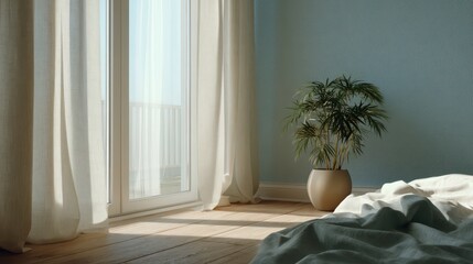 Soft mint and honey oak tones, direct golden hour side light hitting embroidered duvet, cast shadows on natural linen