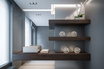 Sophisticated bathroom with ebony floating shelves, silver-gray walls, and reflective chrome details, overhead diffused lighting with sharp edges, ambient