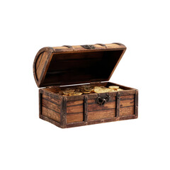 Open wooden treasure chest filled with gold coins