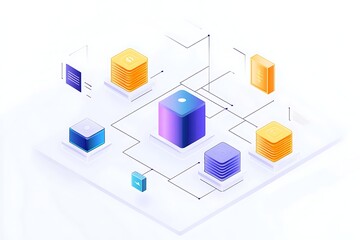 Isometric network illustration with data flow and connection nodes, modern technology design
