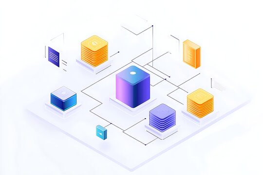 Isometric illustration of data network with server racks and information flow concept