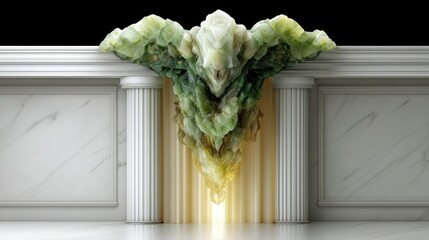 Abstract green crystal formation suspended between classical architectural elements