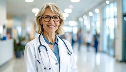 A middle-aged female doctor with a pleasant expression in a hospital. High quality. 