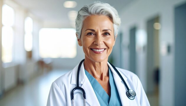 A middle-aged female doctor with a pleasant expression in a hospital. High quality. 