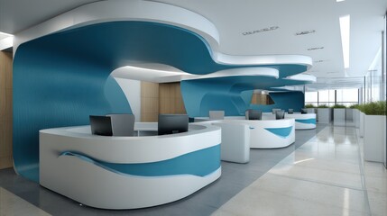 Stylized concept office with curved wave partitions and elliptical desks, pearl white and electric blue, ambient rim lighting with