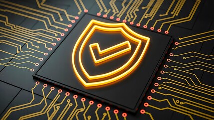 Glowing security shield icon on circuit board for data protection and cybersecurity concept

