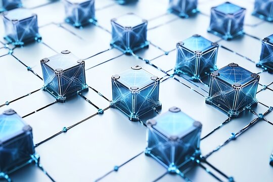 Blockchain network concept with interconnected blue glowing cubes and lines, digital technology - Powered by Adobe