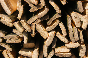 Pile of bamboo slices or pieces. Stacked neatly to form a pile. Bamboo texture background