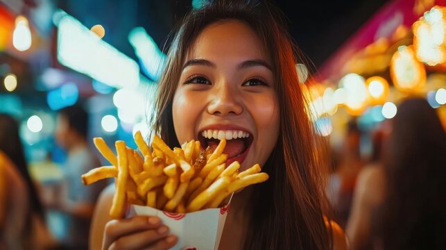 Woman enjoying delicious fries at night market.