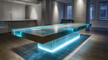Transparent resin desk with embedded patterns, underlit with neon edge glow in cyan, dark ambient shadows and cool palette