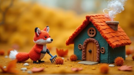 Cute Felt Fox with Rake Near Small Cozy House in Autumn Scene