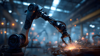 Robotic Arm Welding Metal in Industrial Factory Setting with Sparks and Bokeh Lights