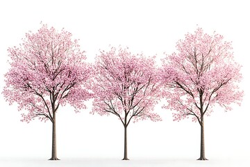 Cherry blossom trees in full bloom isolated against a white background, ushering in the spring season